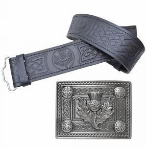Ensemble ceinture de kilt en cuir et boucle, ceinture en relief chardon &eacute;cossais avec boucles en argent antique n&oelig;ud celtique en &eacute;tain &ndash; Ceintures de kilt pour homme, Argent - Antique, XL, 44 -48 Inch (Kilt Mania, neuf)