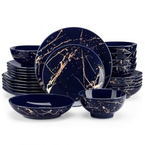 LOVECASA Service de Table en Porcelaine 6 Personnes - Collection Daphne - 24 pièces Design Éclaboussures Dorées (Assiettes, Bols, Tasses à café) Service Complet pour Repas & Brunch (LOVECASA Modern Flatware, neuf)