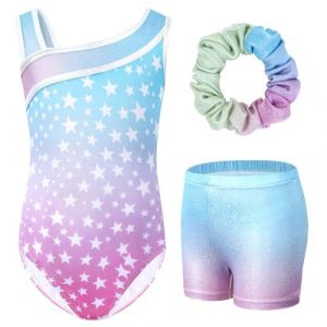 Gogokids Ensemble de Gymnastique Trois Pi&egrave;ces pour Filles, Justaucorps Sans Manches avec Shorts et Bandeau, Tenue de Gymnastique avec Design de Couleur Scintillants D&eacute;grad&eacute;e pour 9 &agrave; 10 Ans (KunTee, neuf)