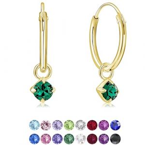 DTPsilver&reg; Boucles d'oreilles PETITES Cr&eacute;oles en Argent Fin 925 Plaqu&eacute; Or Jaune avec petit Pendentif 3 mm Cristaux de Swarovski&reg; Elements Ronds - Diam&egrave;tre: 14 mm - Couleur: Emeraude (DTPSilver, neuf)