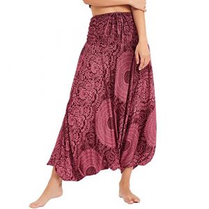 Nuofengkudu Femme Hippie Sarouel Combinaison Pantalon Bretelles Jumpsuit Taille Haute Large Boheme Fleuri Imprimé Leger Grande Thai Yoga Pants Homewear Coloré Ete Plage Roses Rose (better Life, neuf)