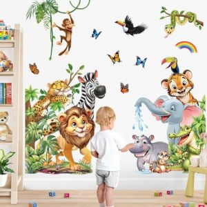 decalmile Stickers Muraux Enfant Animaux de la Jungle Autocollant Mural Lion Éléphant Zèbre Feuilles Tropicales Décoration Murale Bébé Pépinière Chambre Enfants (DecalMile Direct, neuf)