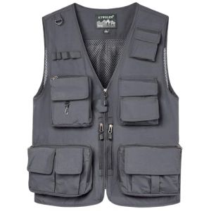 KTWOLEN Homme Gilet de Pêche en Maille Multi-Poches Gilets Léger Respirant à Séchage Rapide Gilet de Photographe Camping Chasse Gilet Extérieur sans Manche avec 15 Poches (Gris, 3XL) (KTWOLEN, neuf)