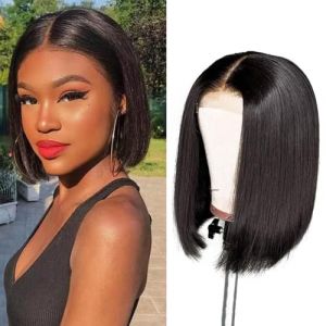 Perruque Bresilienne Cheveux Humain 4&times;4 Lace Wig Human Hair Straight Perruque Femme Naturelle Br&eacute;silien Bob Courte Cheveux Humain Lisse 150% Density Couleur Naturelle Noir 14 Pouces(35cm) (human virgin hair, neuf)