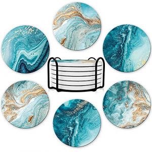 Sous-verres, Lot de 6 sous-verres de design premium avec support, sous-verres pour boissons en pierre de c&eacute;ramique absorbante, joli cadeau pour d&eacute;coration de No&euml;l, cadeaux de No&euml;l, bleu (Dooke Direct, neuf)