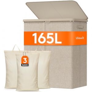 Lifewit Panier Linge Sale, Bac Linge avec Couvercle, Corbeille Linge avec Plastique Poign&eacute;es et Sac Linge, Laundry Basket pour Buanderie, Chambre, Salle de Bain, 165 L, Beige (Lifewit Home FR, neuf)