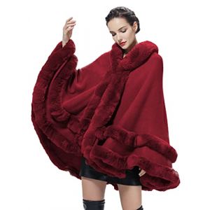 BEAUTELICATE Poncho Fourrure Femme Cape à Capuche Châle Étole Tricoté Manteau Léger pour Automne Hiver Mariage Soirée Gala Mariée Demoiselle d'honneur(Taille Unique, Rouge Vineux) (BEAUTELICATE-FR, neuf)