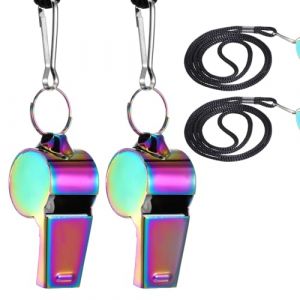 Lot de 2 sifflets multicolores en acier inoxydable - Sifflet d'arbitre color&eacute; - Avec cordon tour de cou - Sifflet d'arbitre en m&eacute;tal - Pour cours de sport - Personnalisable (Fresh and new, neuf)