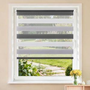 Buseu Store Enrouleur Jour Nuit sans Per&ccedil;age, Installation Facile par Clips, Rideau Occultant et Translucide pour Fen&ecirc;tre ou Porte, Blanc-Gris-Anthracite, 70l x 150L cm (Largeur du Tissu 70 cm) (Anduni, neuf)