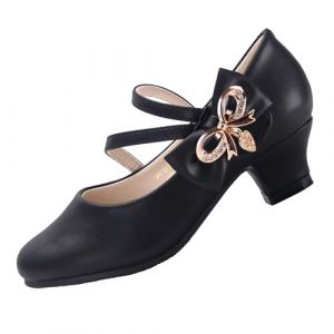 EIGHT KM Filles Chaussures Habillées à Talons Hauts Princesse Mary Jane Escarpins de Fête de Mariage EKM7035 Cuir Microfibre Athena Noeud Métallique Noir Taille UE 32 (ElfElfElf FR, neuf)