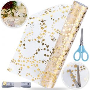 Axlyca Chemin de Table Dor&eacute;, Chemin de Table Organza Dor&eacute; avec Ciseaux, Transparent &agrave; Paillettes &eacute;toil&eacute;es Organza Or, Chemins de Tables Organzas Or pour No&euml;l, Anniversaire, F&ecirc;te, Mariage, 28cm x 5,3 m (DIMITRIS-LOUKA, neuf)