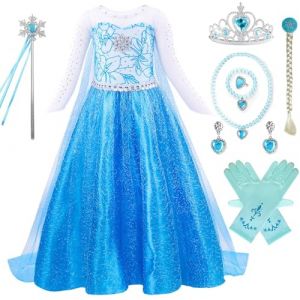 Robe Elsa Reine des Neiges Filles Déguisements Princesse Elsa avec Couronne Princesse Collier Ensemble Jupe Tulle Longue Robe pourCarnaval Halloween Noël Robes de fête d'anniversaire Enfants,140cm (Pixuye, neuf)