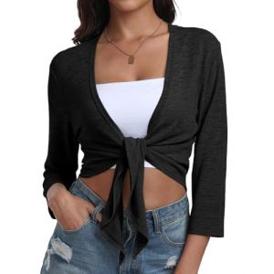 PrinStory Bol&eacute;ro d&eacute;contract&eacute; et l&eacute;ger &agrave; manches 3/4 pour femme avec col en V, Noir , L (prinstoryuk, neuf)