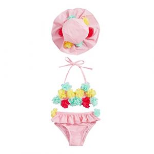 Maillot de Bain Nouveau-n&eacute; B&eacute;b&eacute; Fille 3 Pi&egrave;ces Floral Bikinis Triangle Top Culotte &agrave; Volants + Casquette de Protection Solaire Costume de Natation Plage Piscine (Rose, 12-18 Mois) (Haikouxunchuanhandianzishangwuyouxiangongsi, neuf)