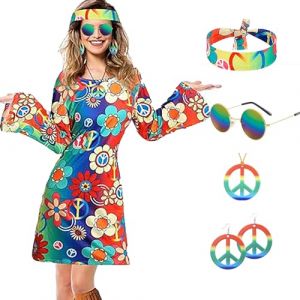 6 Pièces Costume Hippie des Années 60 et 70 Pour Femme, Robe Hippie, Deguisement Disco Femme Pour Fête Carnaval Cosplay Avec Signe Paix, Boucles D'oreilles, Collier, Bandeau, Lunettes Soleil (XXL) (JINGTOPS EU Direct, neuf)