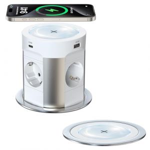 Multiprise de table 9 en 1 avec USB C PD75 W, 4 prises, avec charge sans fil de 15 W, prise r&eacute;tractable Sewingvr pour plan de travail, bureau, cuisine, c&acirc;ble de 1,8 m, diam&egrave;tre 100 mm, blanc (Sewingvr, neuf)