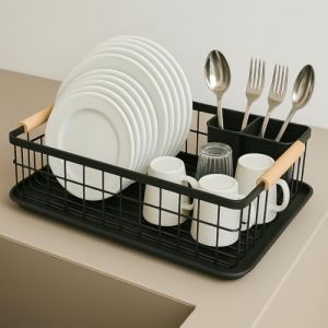 JOHSEATY Egouttoir Vaisselle avec Manche en Bois - 42x32cm I Inoxydable avec Porte-Couverts I Egoutoire Vaisselle Cuisine Noir I Rangement Dish Drainer Dessus Égouttoirs à seche Vaisselle Petit Rack (LEHARO, neuf)