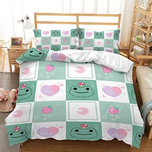 BUCROS Parure de Lit Double - Vert Plaid Grenouille c&oelig;ur 280x260 CM Housse de Couette + 2 Taies d'oreiller - Anti-Rides - Literie Chambre d'enfant (haiyongshangmao, neuf)