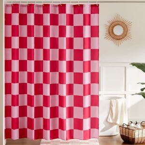 Ohocut Rideau de douche &agrave; carreaux roses pour salle de bain, joli rideau de douche r&eacute;tro en damier, esth&eacute;tique vintage, lavable en machine, 183 x 183 cm (Ohocut, neuf)