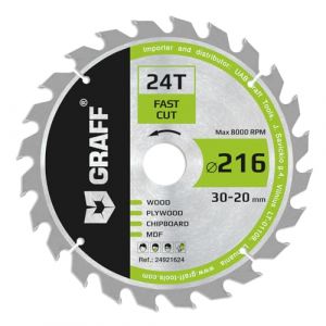 GRAFF Lame de Scie Circulaire à Bois 216 x 30 mm 24 Dents (anneau 20 mm) - Idéale pour Fines Dans le Bois Tendre et Dur - Compatible Scies À Onglets Et Scies De Table avec Dewalt Makita Bosch (UAB Handproftools, neuf)