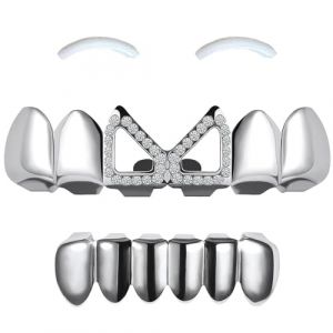 SSyang Grills Dentaires, Hip Hop Teeth Grills Faux Punk Hip Hop Dents Haut en Bas Diamant Strass Dents Grillz Halloween Festival de Musique Party Hip Hop Rapper Costume D&eacute;coration (Argent,Style Arc) (luou, neuf)