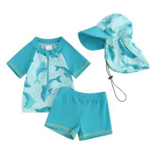 Carolilly Maillot de Bain Enfant Bébé Garçon de 3 Pièces, Haut Zippé Imprimé Cartoon à Manches Courtes + Culotte de Bain + Chapeau Anti-UV (0-5 Ans) (Bleu Ciel Dolphin, 2-3 Years) (La Vie Brillante, neuf)