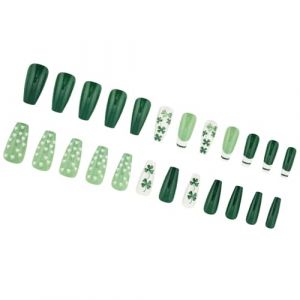 Ongles artificiels &agrave; presser avec tr&egrave;fle vert - Avec pointe fran&ccedil;aise - Couverture compl&egrave;te &agrave; coller - Pour la Saint-Patrick (LMHsd83, neuf)