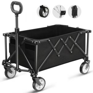 Wagon Pliant &agrave; roulettes, Chariot de Grande Capacit&eacute; de 100kg avec Poign&eacute;e R&eacute;glable et Sac &agrave; Couvercle, Chariot de Pique-Nique pour Festival Shopping Camping Jardin Plage (Noir) (HOFTME, neuf)