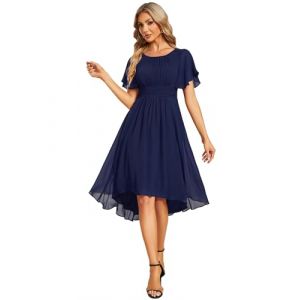 Ever-Pretty Robe d'Invit&eacute; de Mariage Femme Longueur Manches Volant&eacute;es Pliss&eacute; Mousseline Au Genou Col Rond Robe de Soir&eacute;e &Eacute;l&eacute;gante Bleu Marine 42 (Ever Pretty Uk, neuf)