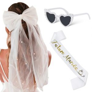 Leikedun Enterrement de Vie de Jeune Fille Accessoire Femme, Voile de Mariée Blanc Perle Cheveux Arc, Echarpe Future Mariée, Lunette Coeur avec Perles, pour Mariage Fiançailles Fête (TsLinc, neuf)