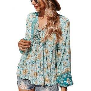 CNTSFS Chemisier &eacute;l&eacute;gant et d&eacute;contract&eacute; pour femme, style boh&egrave;me, col en V, motif floral, tunique ample, manches longues, pour l&rsquo;&eacute;t&eacute;, bleu, L (CNTSFS, neuf)