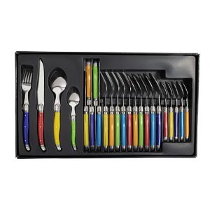 LAGUIOLE - M&eacute;nag&egrave;re Multicolore, 24 Couverts - 6 Couteaux de Table + 6 Fourchettes + 6 Cuill&egrave;res &agrave; Soupe + 6 Cuill&egrave;res &agrave; Caf&eacute; - Acier Inoxydable et Pleine Soie - Coffret Vitrine en Bois (LA BOUTIQUE DU PILAT, neuf)