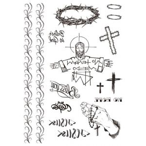 Lot de 2 feuilles de tatouages temporaires croix chapelet tatouages Jésus Tatouage main couchant Fil barbelé Tatouage LC112x2 (Beyond Perfection, neuf)