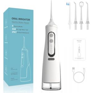 Oryzom Hydropulseur,Sans Fil pour un Soin Dentaire & Buccal Optimal, 5 Modes & 4 Embouts, R&eacute;servoir de 300 ml, &Eacute;tanch&eacute;it&eacute;, Jet Dentaire Portable pour un Voyage (Blanc) (Vendeur professionnel-FR, neuf)