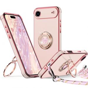 XYZ Coque pour iPhone 17 Air, avec Double Anneau de Support C&oelig;ur, avec Lani&egrave;re pour Filles et Femmes, Coque de Protection de Luxe Mignonne et Scintillante pour iPhone 17 Air, Rose (XYZ Direct, neuf)