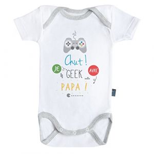 Baby Geek Chut Je Geek avec Papa - Body B&eacute;b&eacute; Manches Courtes - Coton - Blanc - Coutures Grises (12-18 Mois) (MadMoon, neuf)