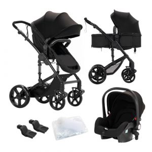 Nine point nine Poussette 3 en 1, Poussette Bebe avec Double Modes de Poussée Réversibles, Poussette Canne avec Grande Nacelle Confortable, Pousette avec Cadre Aluminium Haute Paysage (588 Black) (Kaiwen baby products, neuf)