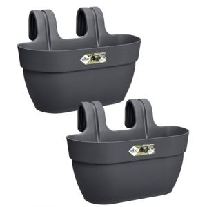 Elho Vibia Campana Easy Hanger M - Jardini&egrave;re pour Balcon - Plastique 100% Recycl&eacute; - Lot de 2 - &Oslash; 36.0 x H 26.5 cm - Noir/Anthracite (elho BV, neuf)