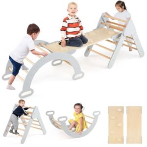 GOPLUS 7 en 1 Triangle Arche Montessori, Arche d'escalade Enfants avec Toboggan Bois,Rampe, Échelle Réglable, Charge 50KG, pour Tout-Petits Bébé 1 Ans+(Gris Naturel) (Augenstern24, neuf)