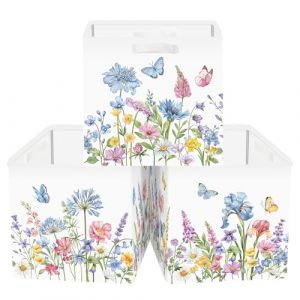Clastyle Lot de 3 Boite Rangement Tissu Fleurs Sauvages Cube de Rangement Pliable Femmes Panier Kallax pour Salle de Bain,Fleurs Bleues,30x30x30 cm (Changtian_Im&Ex, neuf)