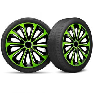 Moltico Enjoliveur - Set de 4 Universel Enjoliveurs - Adapté à Toutes Roues en Acier - Enjoliveurs pour Auto - Anneau de Sécurité Réglable - 16 Pouces - Vert-Noir (Moltico-Shop, neuf)