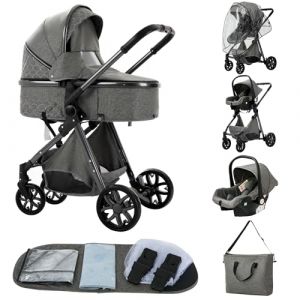 ALYIKOU-poussette 3 en 1，Combinaison pliable poussette 3 in 1，poussette bebe 0 a 3 ans Housse de pluie, sac Mommy, moustiquaire, accessoires de siège, adaptateur universel (LV9 Gris foncé) (ALYIKOU BRAND, neuf)