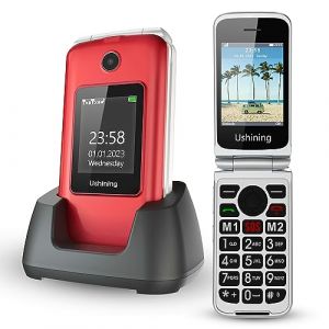 Tosaju 2G Téléphone Portable Senior Clapet Débloqué avec Grandes Touches, Téléphone pour Personnes âgées avec Haute Volume Station de Charge Torch Fonction SOS Double Écran (2,8” et 1,77”)-Rouge (ERIVER, neuf)