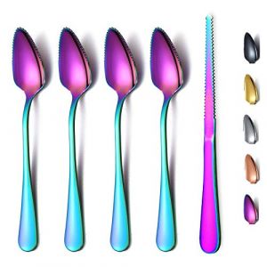 Ensemble de 5 Cuillères à Pamplemousse Arc En Ciel, 4 Cuillères à Pamplemousse En Acier Inoxydable et 1 Couteau à Pamplemousse, Ensemble D'ustensiles de Pamplemousse, Cuillère à Bords Dentelés (Rainbow185, neuf)