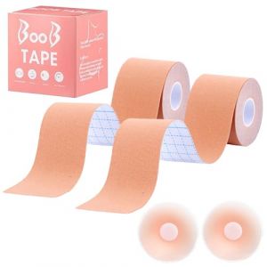 2 Paires Bande Soutien Gorge Adhesif, Soutien-Gorge Adh&eacute;sif Push Up Grand Boob Tape, 5cm x 5m avec 1 Paires Couvre-t&eacute;tons Gel de Silice Breast Lift Tape pour Bonnet AE Gros Seins (Sweems, neuf)