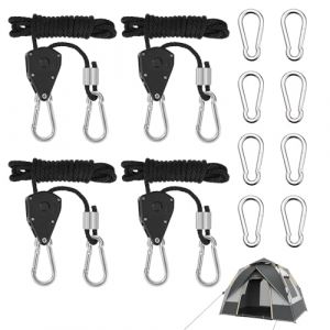 TAIHOBO Lot de 4 Sangle A Cliquet Réglable 1/8 avec 8 Mousqueton, 2,4m Poulie de Levage Poids Supporté de 68 Kg, Tendeur Cable Facile À Utiliser et Conditions, Sangle Cliquet Réglable avec Crochets (TaiHongBo, neuf)