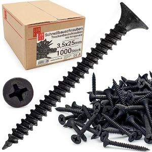 Vis placo 3,5 x 25 mm noires 1000 pi&egrave;ces &ndash; vis autoforeuse m&eacute;tal filetage fin vis construction plaques de pl&acirc;tre vissage rapide plaque rigide cloison s&egrave;che mur int&eacute;rieur charpente Lun Fix (LUN FIX, neuf)
