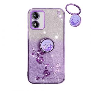 YUECXIN Coque Paillettes pour Motorola Moto E13 4G, Tr&egrave;s Mince Antichoc TPU Bumper Doux Silicone Housse, D&eacute;licat Mode Fleurs Ring Holder Stand Bling Femmes Filles &Eacute;tui. Violet (YUECXIN, neuf)