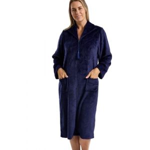 Marlon Womens Serena Front Embossed Fleece Housecoat Zip Up Bath Robe Peignoir, Tourbillon Bleu Marine, L Femme (Undercover Hosiery & Lingerie, neuf)