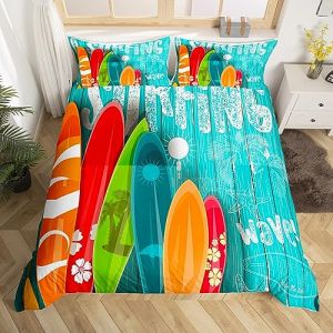 Été Surf Housse de Couette Planche de Surf Ensemble de Literie Garçon fille Plage Vague décoration Enfants Parure de Lit Adolescent Housse de Couette 220x240cm Vert Bleu Orange, 2 taie d'oreiller (Bofanshangmao, neuf)